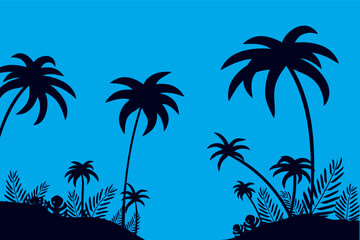 Fototapeta premium Blue Summer Horizon with Abstract Palm Tree Silhouettes and Tropical Plants Background