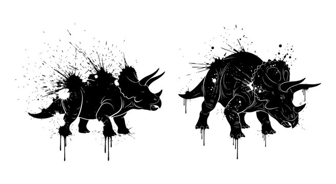 Triceratops Silhouette With Ink Splatter Effect Black On White Background