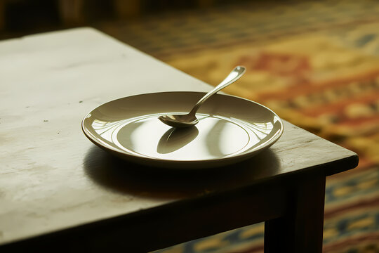 Spoon on a Plate: A simple still life composition featuring a metallic spoon resting on a plain ceramic plate, placed on a wooden table with a patterned rug in the background.