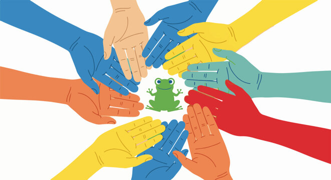 Diverse hands reach together to support a joyful frog in the center