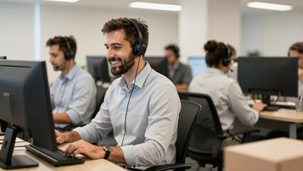 Obraz premium Man using headset and computer in call center environment.
