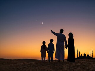 Fototapeta premium Muslim Family Silhouette Under Crescent Moon During Sunset
