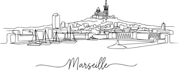 Obraz premium Marseille Waterfront Skyline Continuous One Line Drawing with Vieux Port and Notre-Dame de la Garde Hand Drawn Vector Illustration