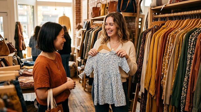 Two women happily shopping for clothes in a boutique store