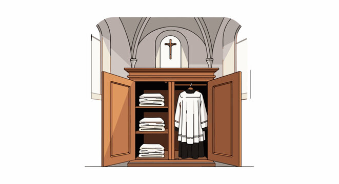 Clerical garments and folded linens stored in a wooden wardrobe