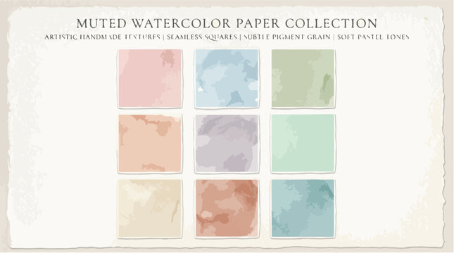 Muted watercolor paper collection, 9 artistic handmade textures in seamless squares, subtle pigment grain and soft pastel tones vector set