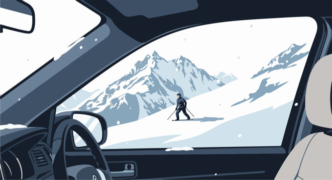 View from inside a car looking out at a snowy mountain landscape with a skier