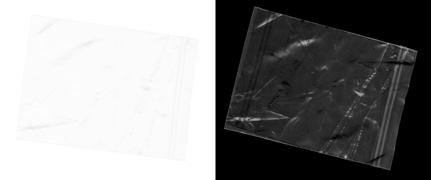 Transparent plastic texture overlay, wrinkled polyethylene bag surface on black background, clear poly wrap film with realistic creases and highlights