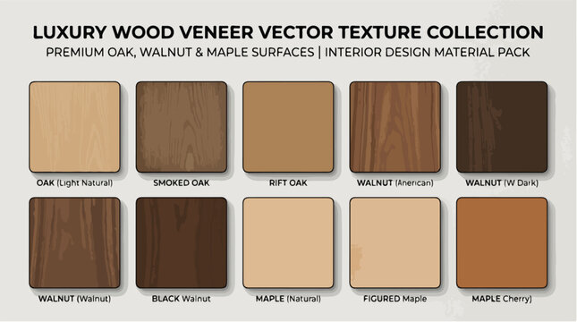 Luxury wood veneer vector texture collection, premium oak walnut and maple surfaces, interior design material pack with 10 timber swatches