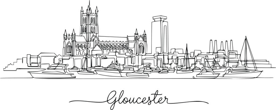 Gloucester England Marina Skyline Continuous One Line Drawing with Gloucester Cathedral and Waterfront Boats Hand Drawn Vector Illustration