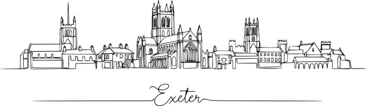 Exeter England Skyline Continuous One Line Drawing with Exeter Cathedral and Historic City Landmarks Hand Drawn Vector Illustration