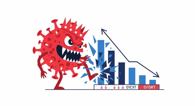 Monstrous virus figure shatters graph bars, symbolizing economic crash