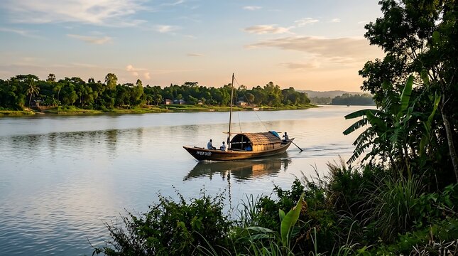 A traditional wooden boat with a thatched roof sails on a calm river in rural bangladesh during the golden hour sunset