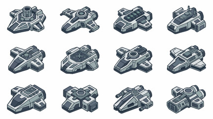 Set of isometric futuristic spaceship icons for science fiction space strategy games. © Janji