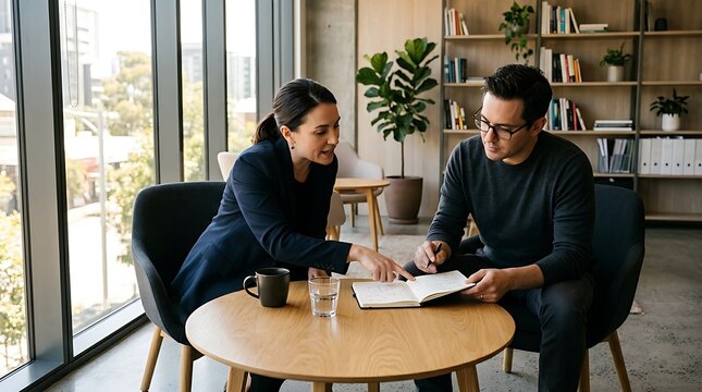 Two professionals in a meeting discuss their work over coffee at a round table in a modern office setting