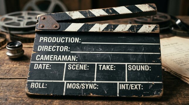 Vintage wooden movie clapperboard on rustic desk with film reels and camera lens. Old cinema production equipment slate for director, cameraman, scene and take markers. Hollywood concept.