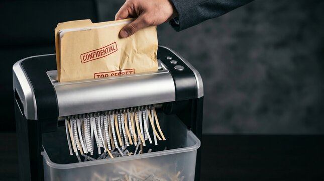 Hand putting confidential top secret paper document into office shredder machine for secure destruction. Corporate data protection, privacy policy, security information disposal concept.