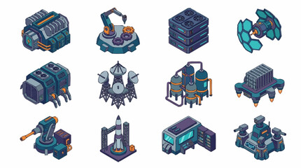 Set of isometric futuristic industrial buildings and technology structures for strategy games. © Janji