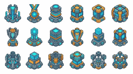 Set of isometric futuristic sci-fi game buildings and defensive towers with blue glowing energy elements. © Janji