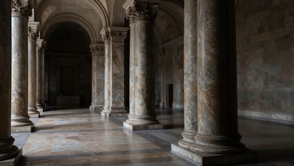 Obraz premium A grand hall featuring tall marble columns and arched ceilings, creating a majestic atmosphere.