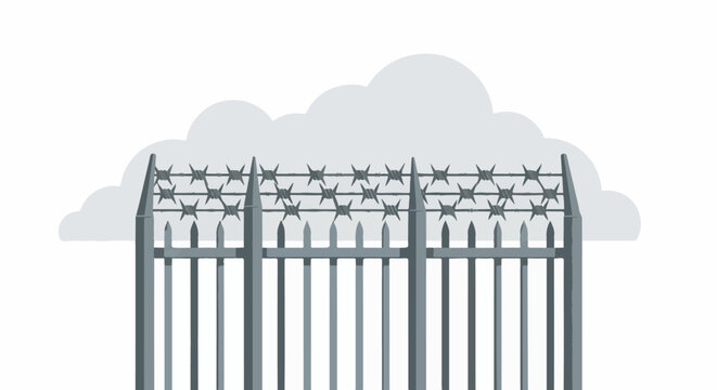 Barbed wire fence topped with sharp points, against a cloudy sky