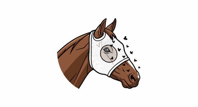 Brown horse head with white fly mask, annoyed by flies