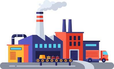 Obraz premium Industrial Factory with Smoke Stack and Delivery Trucks Illustration.