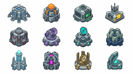 Set of isometric futuristic sci-fi buildings for strategy game design. © Janji
