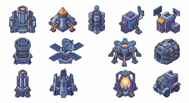 Set of isometric futuristic science fiction buildings and military base structures for strategy games.