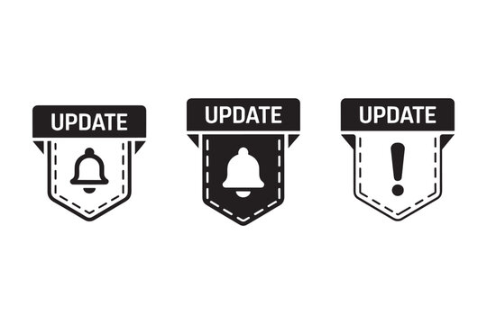 Collection of three black and white representing updates and notifications with bell and exclamation mark symbols on a white background Keywords: update notification bell exclamation mark alert
