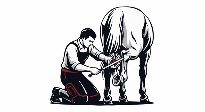 A farrier working on a horse's hoof with tools, stylized illustration