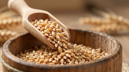 Obraz premium Close-up of golden wheat grains being poured from a wooden scoop into a rustic wooden container with soft focus background.