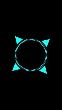 Cyan futuristic circular HUD element with four arrows. Cyan futuristic circular HUD animation for technology themes. HUD interface visual for digital projects.