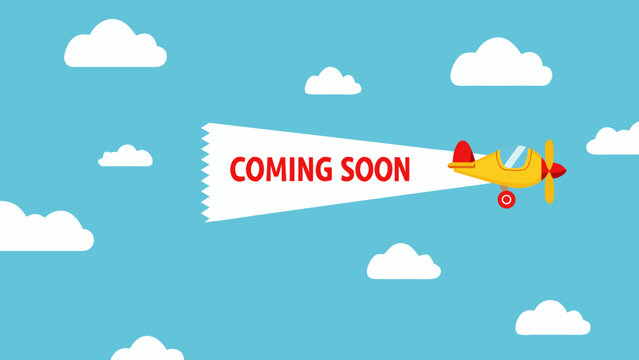 Yellow airplane towing a red banner with clouds vector illustration