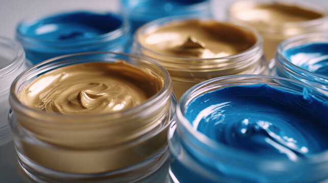 Premium cosmetic cream jars featuring rich metallic blue and gold skincare formulations with glossy textures and elegant presentation. Professional beauty product photography ideal for skincare brandi