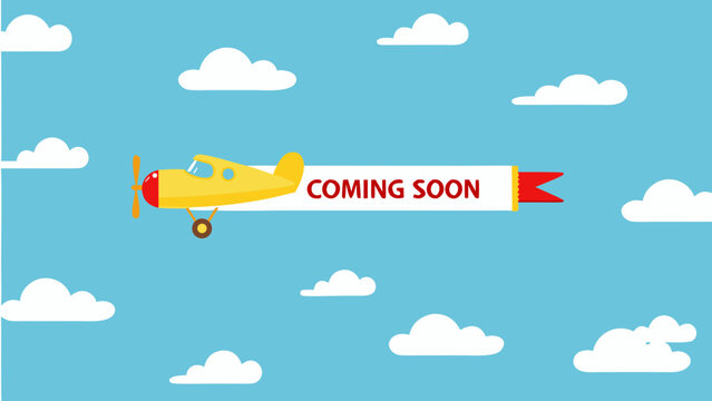 Yellow airplane towing a banner vector illustration with blue sky background