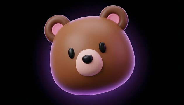 Cute 3D cartoon bear head with a soft glow on a dark background