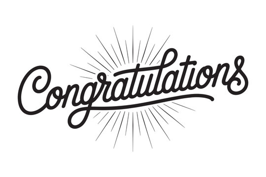 The word "Congratulations" is written in a flowing, script font in black against a white background. The lettering is stylized with thick and thin strokes, giving it a hand-drawn feel. Emanating
