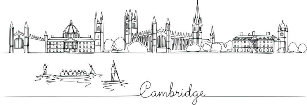 Cambridge England University Skyline Continuous One Line Drawing with River Cam Punting and Historic Colleges Hand Drawn Vector Illustration