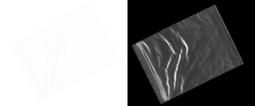 Crumpled plastic texture on black background, wrinkled transparent film overlay, creased polyethylene material for graphic design mockups