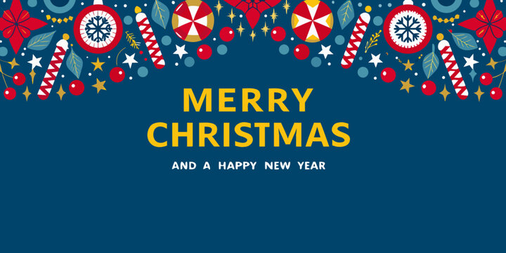 Festive floral ornament on navy background with holiday text