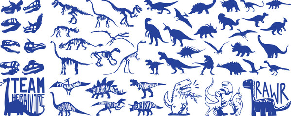 Blue Dinosaur Silhouettes And Skeletons Collection On White Background © Abdul