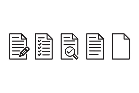Five black outline depicting document and checklist with a pencil magnifying glass and blank page on a white background representing document creation and review stages