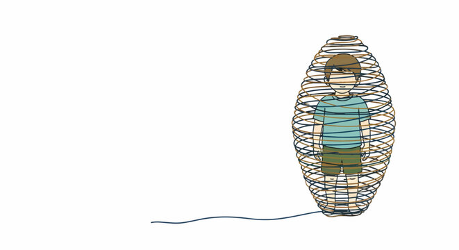 Child trapped in a woven cocoon, symbolizing isolation, development, or a difficult situation