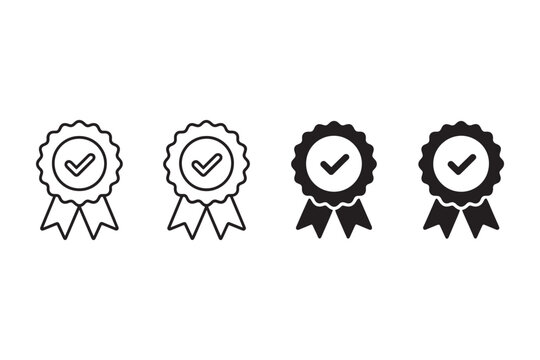 Four black outline and filled of rosettes with checkmarks representing awards badges and assurance on a white background