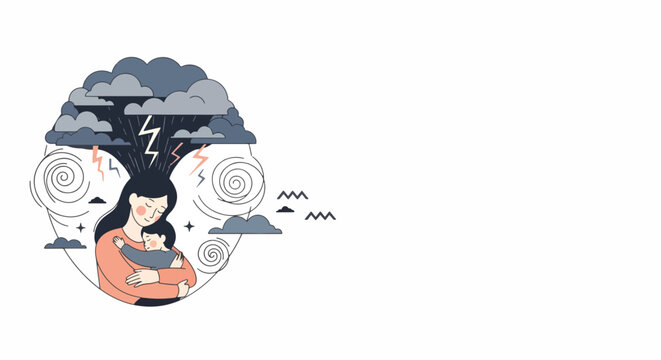Illustration of a mother experiencing mental health struggles, anxiety, or postpartum depression while holding her child, depicting the emotional burden and stress of parenting.