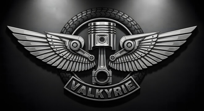 Metallic winged piston emblem with tire for automotive branding background, creative marketing logo design