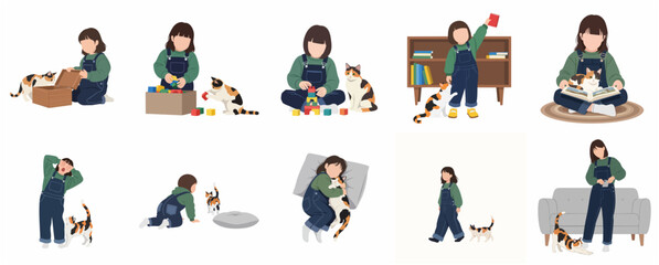 Fototapeta premium Vector Illustration Set of a Little Girl and Her Calico Cat in Various Daily Life Activities