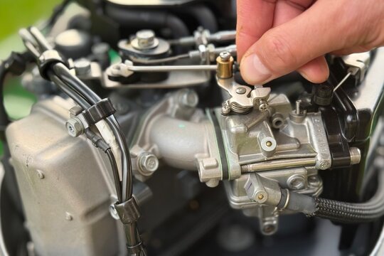 A close-up of a mechanic's hand adjusting a small carburetor linkage on a boat's outboard motor engine. A detailed shot showcasing mechanical repair, maintenance, and small engine troubleshooting.