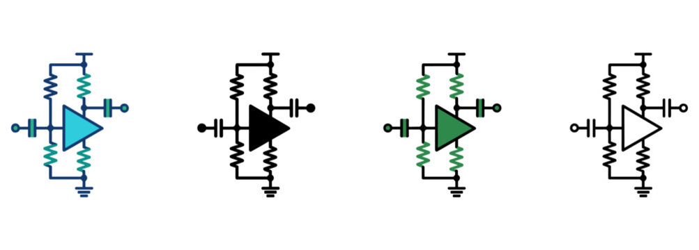 Electrical Schematic Icon with Operational Amplifier Circuit Diagram and Electronic Symbols in Flat, Silhouette, Outline and Glyph Design